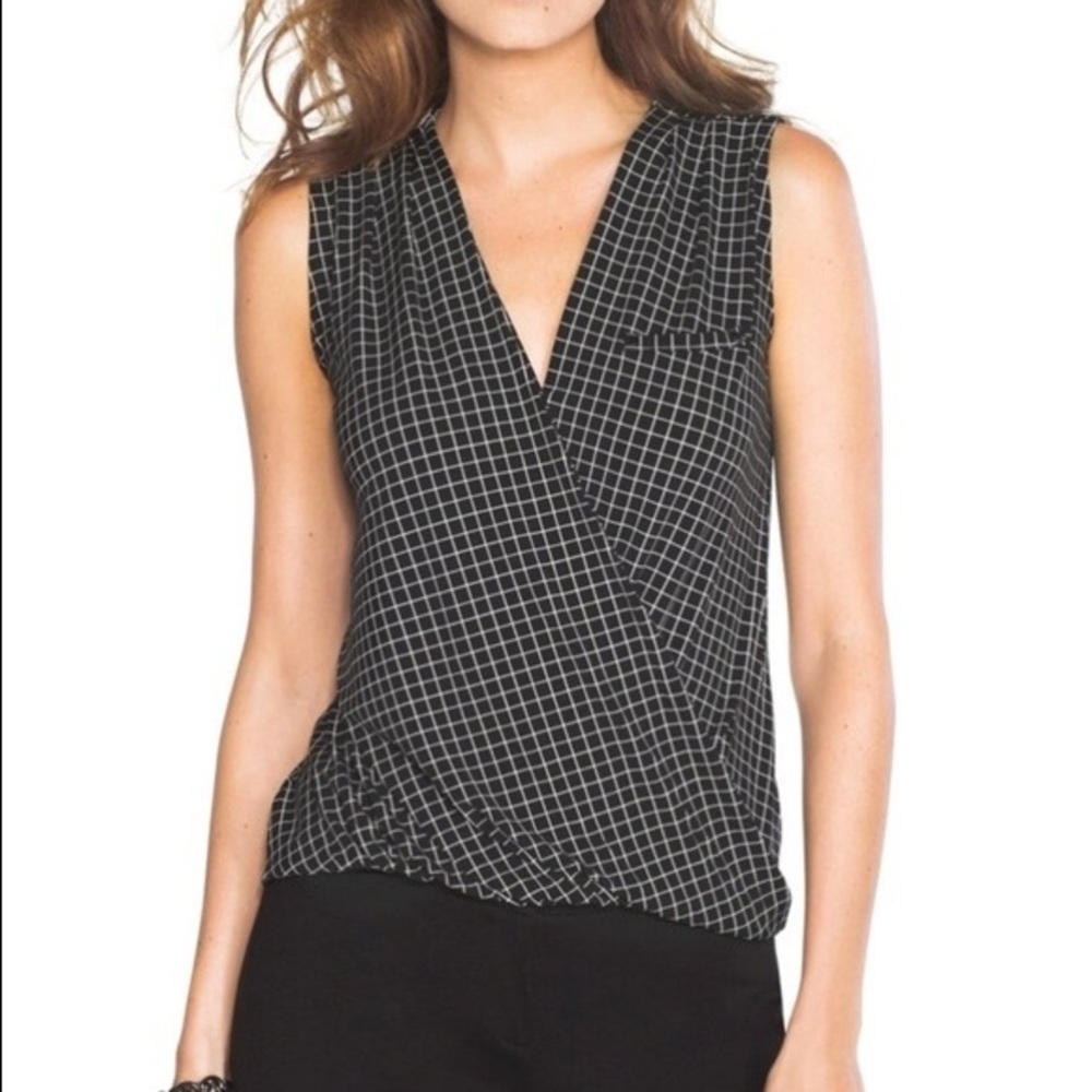 WHBM SLEEVELESS SURPLICE GRID-PRINT TOP SZ Large